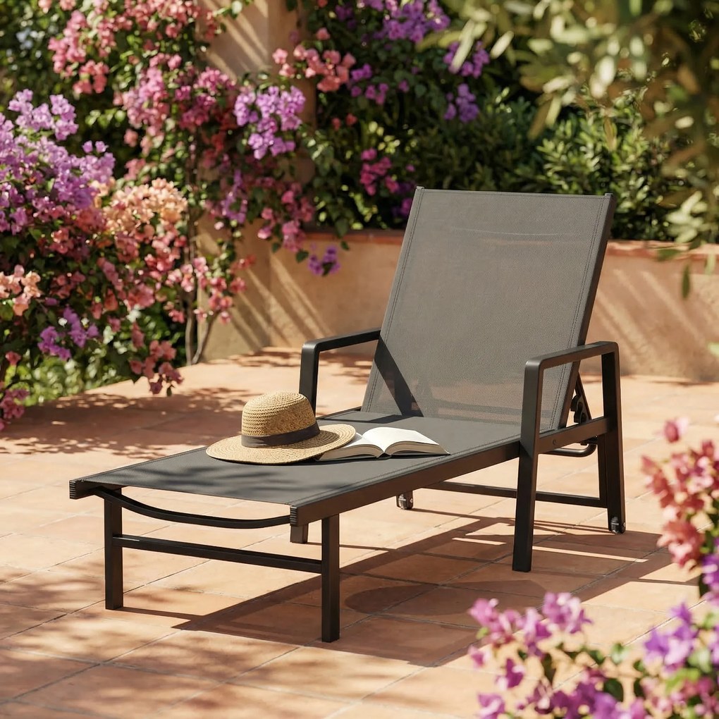 Outsunny Șezlong de grădină din textilenă și aluminiu, reglabil în 4 poziții cu roți și brațere, 65x189x80cm, Gri închis | Aosom Romania