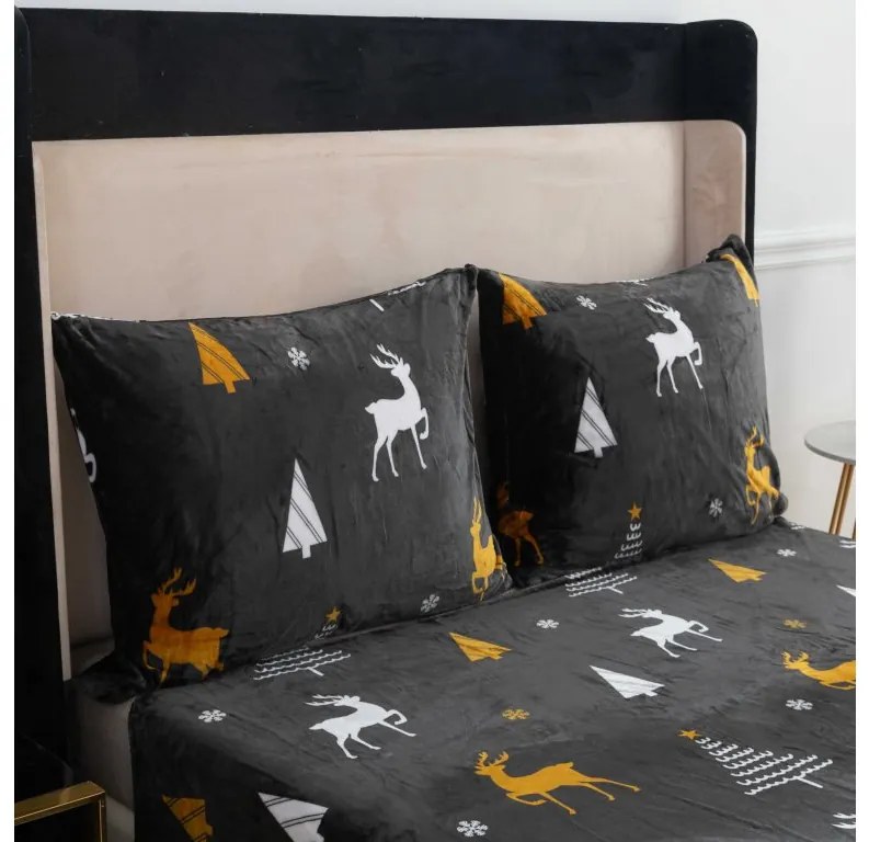 Set 2 buc lenjerie microplus WHITE TREES gri inchis + cearsaf microplus SOFT 180x200 cm gri inchis, pat dublu