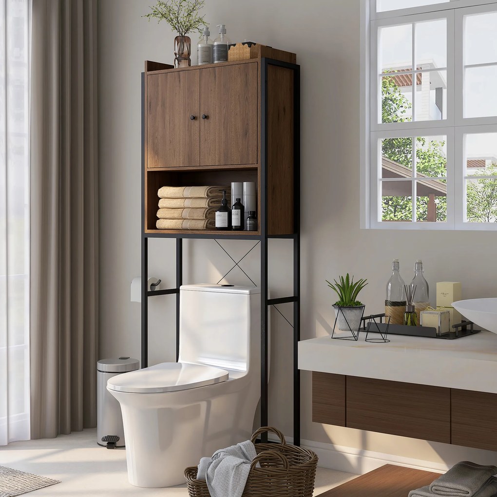 kleankin Mobilă etajeră deasupra WC-ului cu dulap pentru baie 2 uși și nișă 68 x 25,5 x 172,5 cm maro negru | Aosom Romania