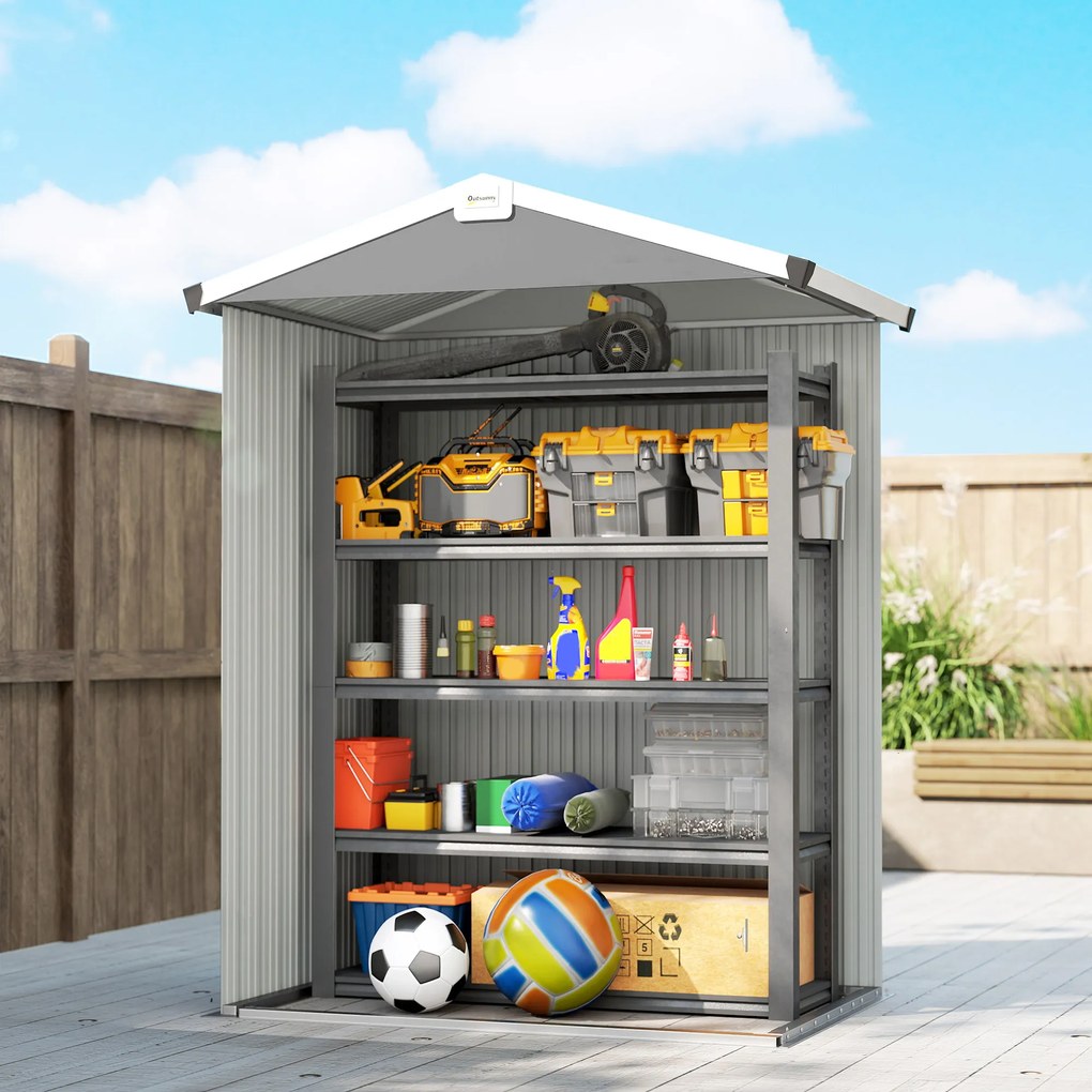 Outsunny Magazie de Grădină 1.1m² din Oțel Zincat, Magazie cu Porți Duble Largi Blocabile, Acoperiș Înclinat, Mănuși, Spațiu pentru Unelte, 133x87x178 cm, Gri Argintiu | Aosom Romania