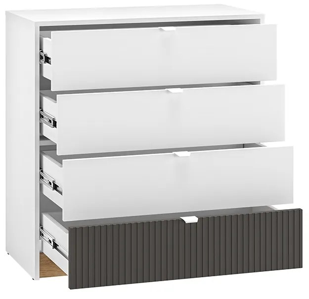 Comoda living dormitor hol cu 4 sertare, alb mdf grafit stejar, 82x86x40 cm, canturi abs alb/mdf grafit/stejar, 82 cm, 40 cm, 86 cm