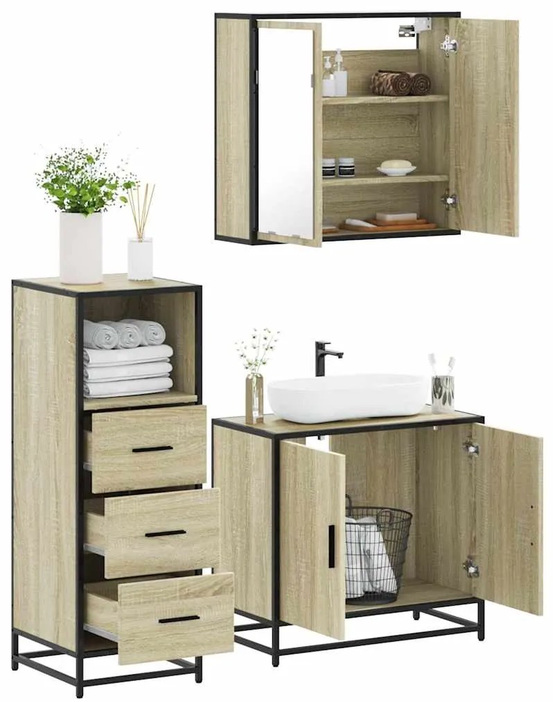 vidaXL Set mobilier de baie, 3 piese, stejar sonoma, lemn prelucrat