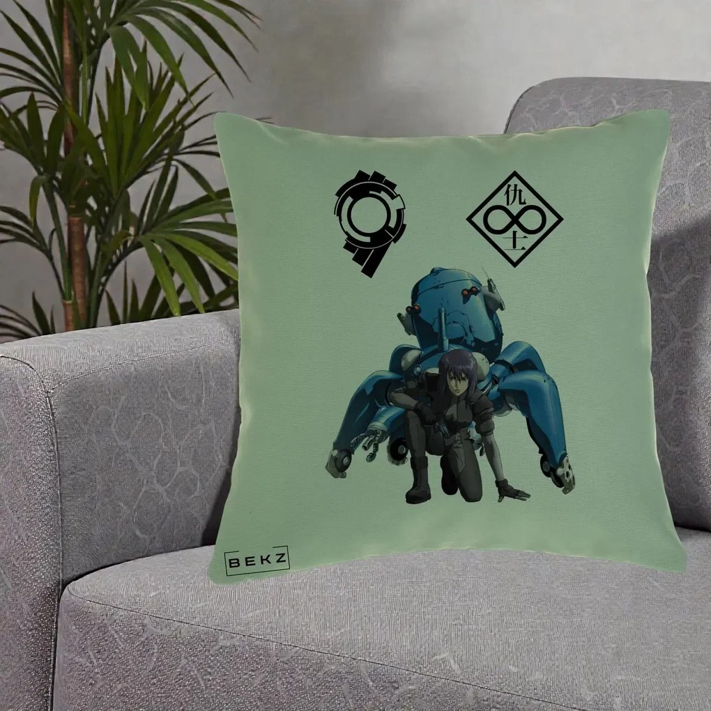 Perna Personalizata Ghost in the Shell Motoko si Tachikoma, 40x40 cm, Verde, Husa Detasabila, Perna Inclusa, BEKZ®