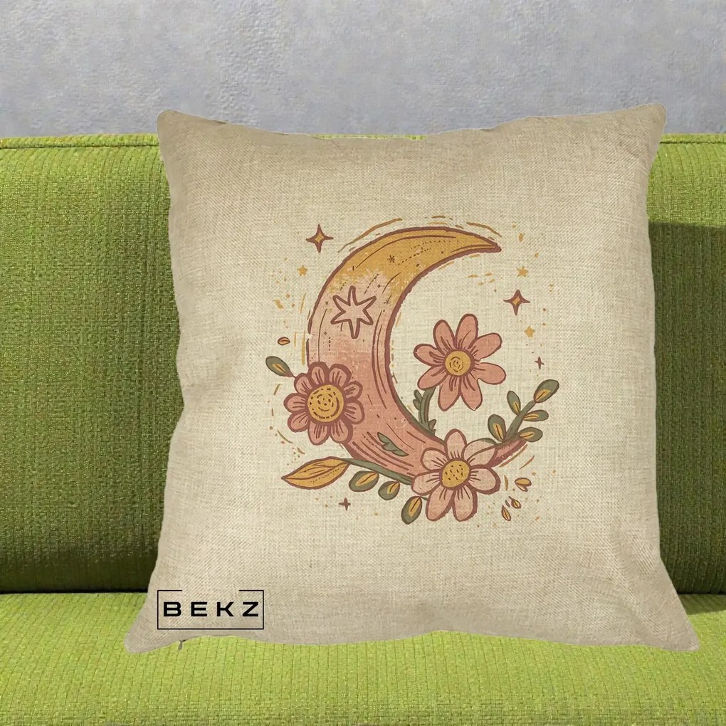 Perna Decorativa Luna Florala Boho, 40x40 cm, Crem, Husa Detasabila, Perna Inclusa, BEKZ®