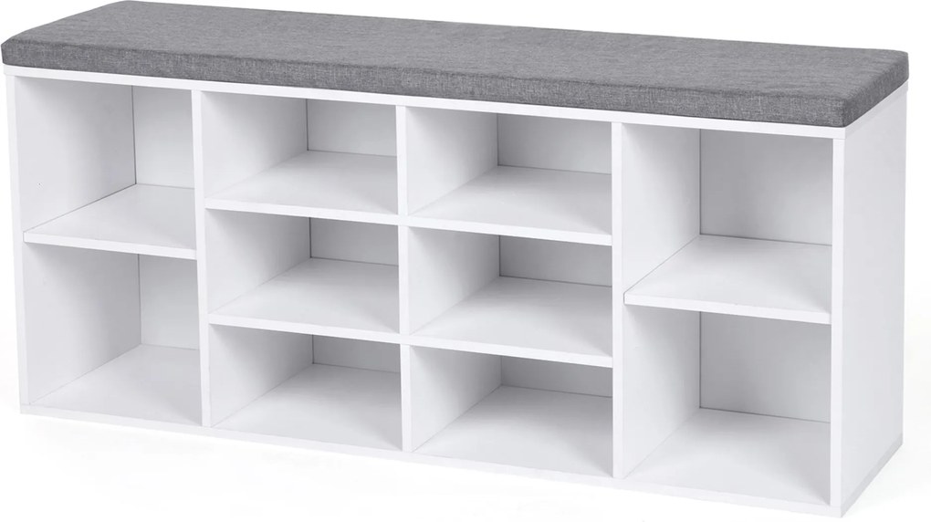 Pantofar cu bancă tapițată GABI, 10 compartimente, 104x30x48cm, gri/alb Jurhan