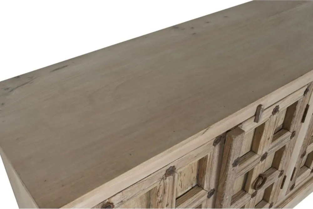 Bufet din lemn de tec, natur, cu 4 uși cu panouri și ținte din metal, aspect vintage, finisaj natural, 106 x 204 x 44 cm, „Flavigny”