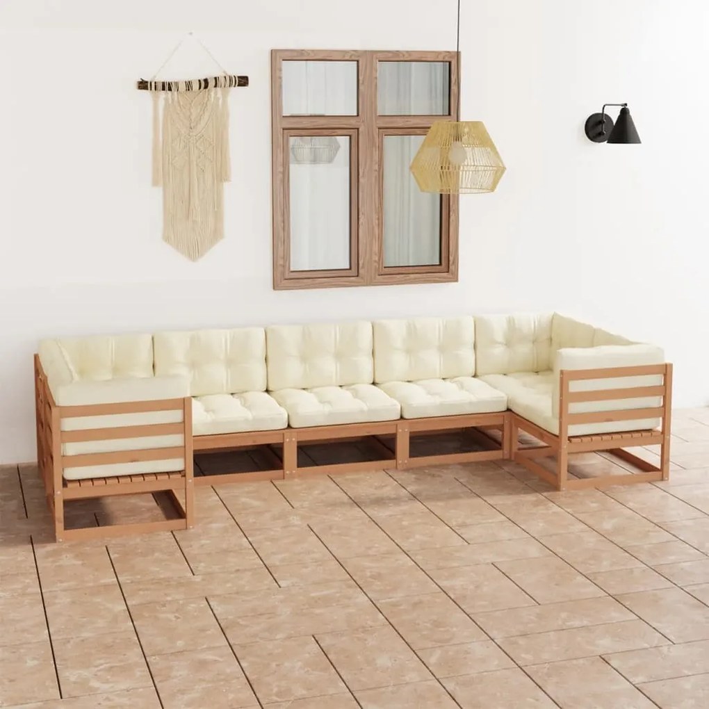 3077307 vidaXL Set mobilier grădină perne, 7 piese, maro miere lemn masiv pin