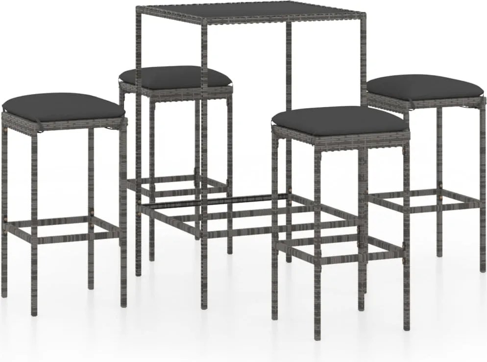 vidaXL Set mobilier bar de grădină, cu perne, 5 piese, gri, poliratan