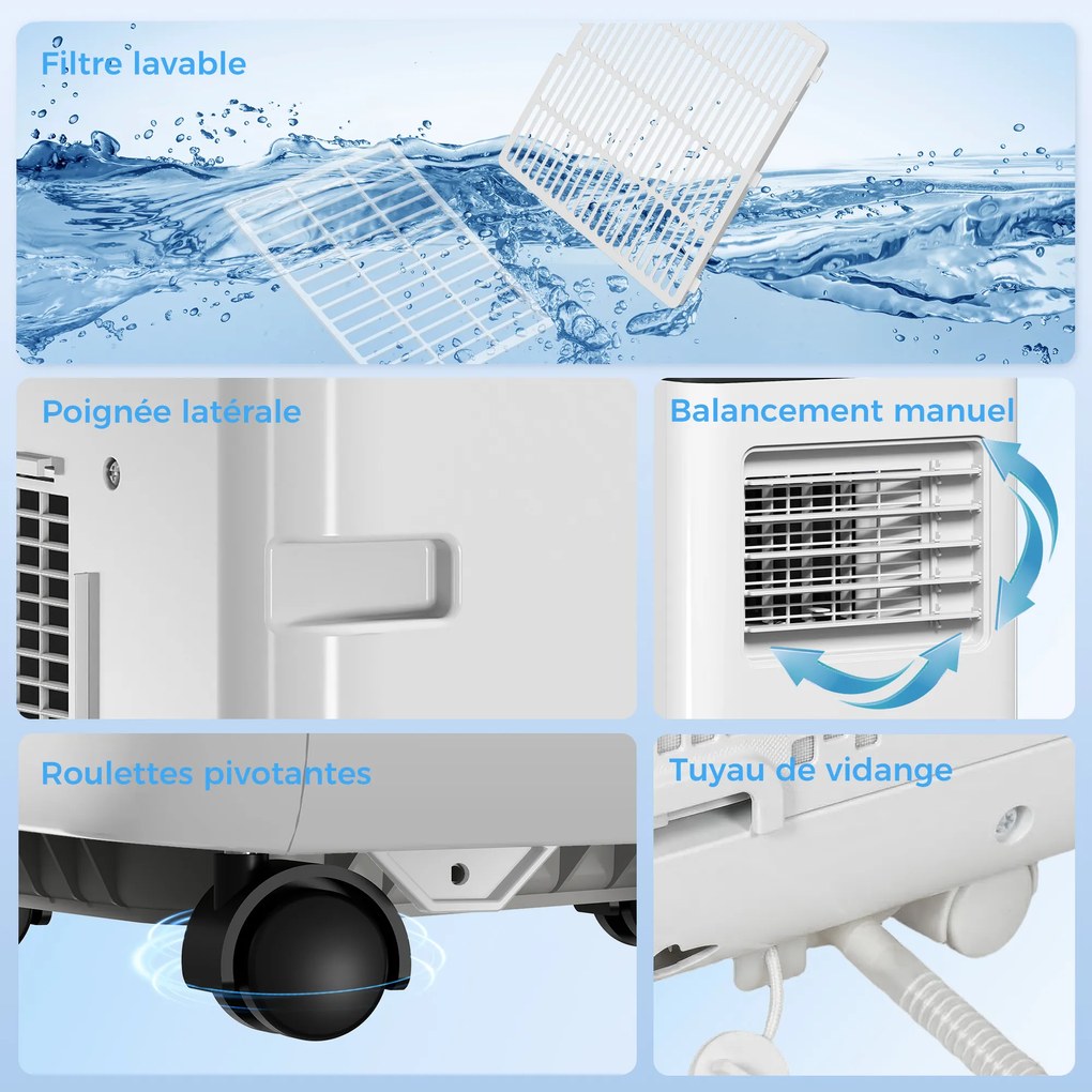 HOMCOM Aparat de aer condiționat mobil 9000BTU 2,6kW 5 în 1 răcire, dezumidificator, ventilator, auto, mod noapte, 2 viteze | Aosom Romania