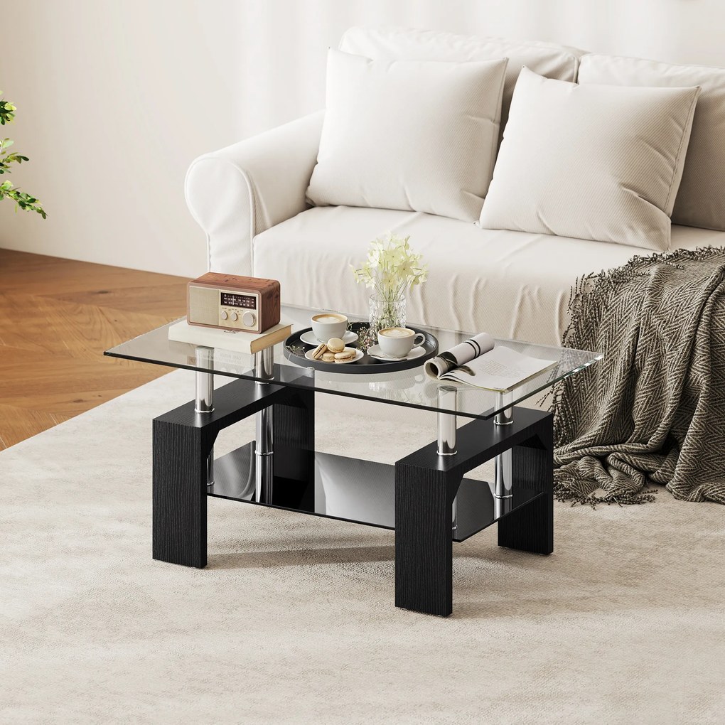 HOMCOM Măsuță de Cafea Modernă cu 2 Nivele din Lemn și Oțel cu Blat din Sticlă Temperată, 90x50x42 cm, Negru | Aosom Romania