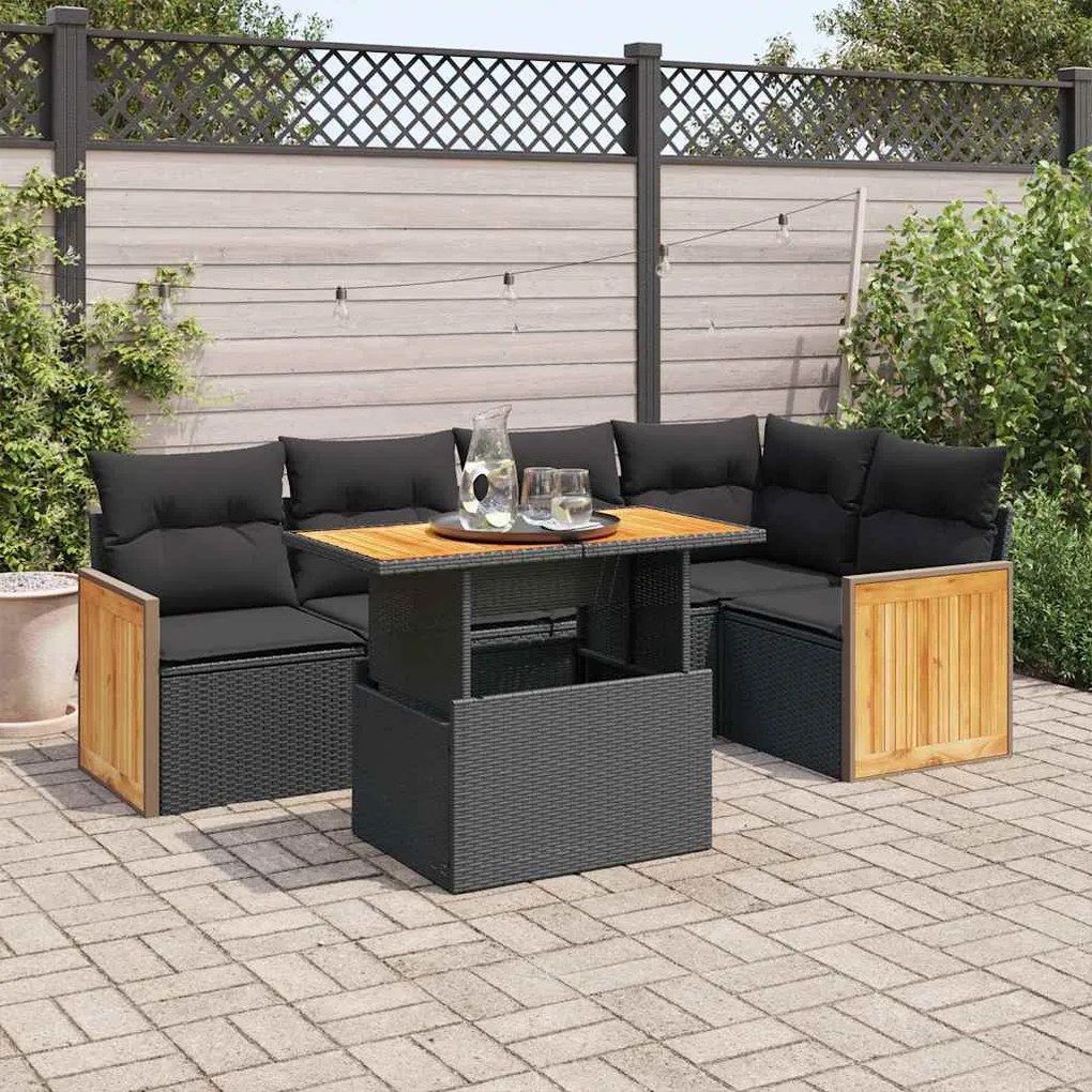 3327709 vidaXL Set mobilier grădină perne 6 piese negru poliratan/lemn acacia