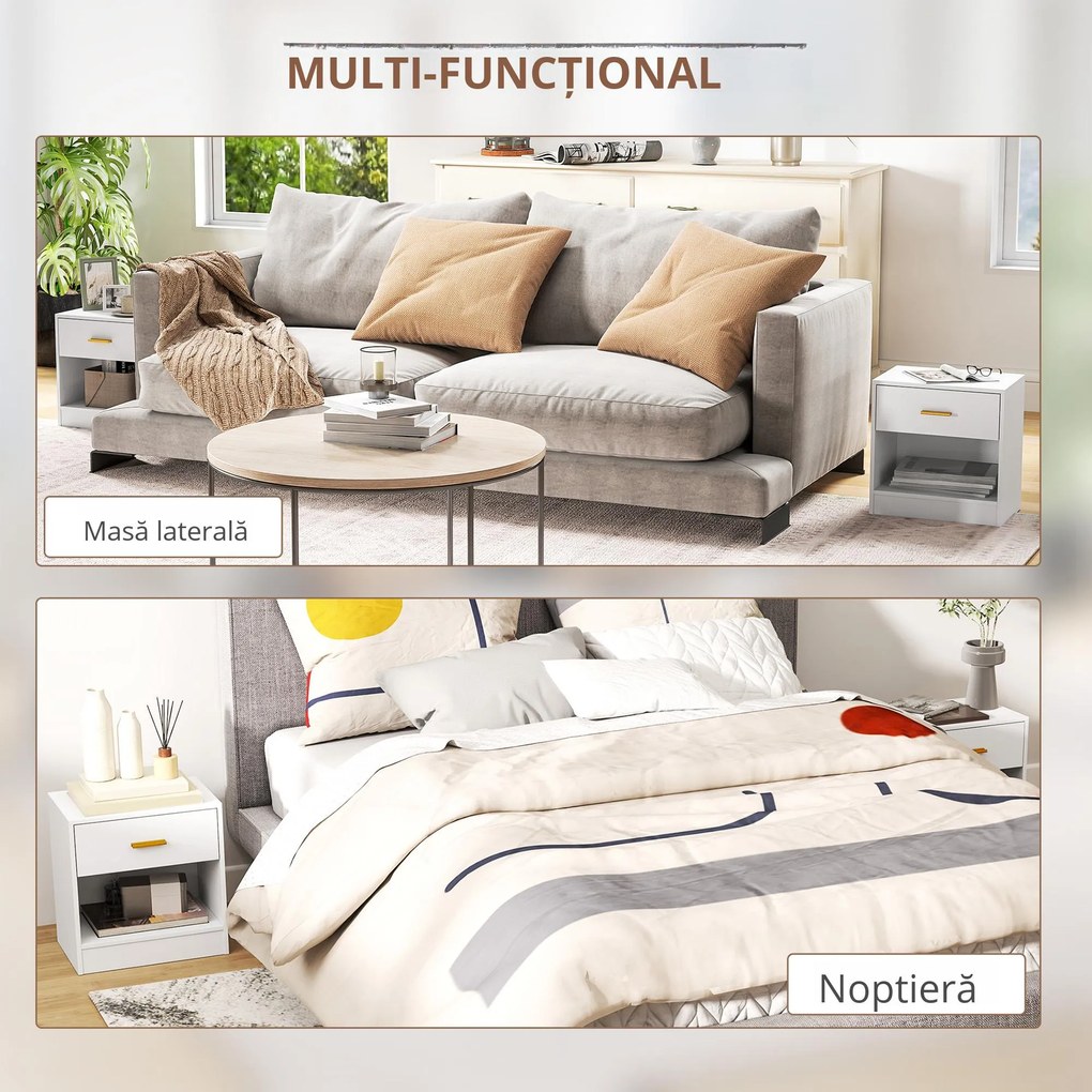 HOMCOM Set de 2 Noptiere Moderne cu Sertar și Raft Deschis din Pal Melaminat, 39x28x41 cm, Alb | Aosom Romania