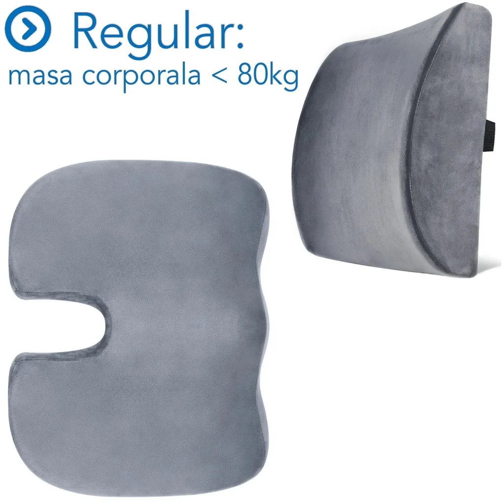 Set Perne Ortopedice Fermitate Regular - Pentru masa corporala sub 80 KG | Perna lombara si Perna sezut Suporto®️ Coccis din spuma cu memorie|