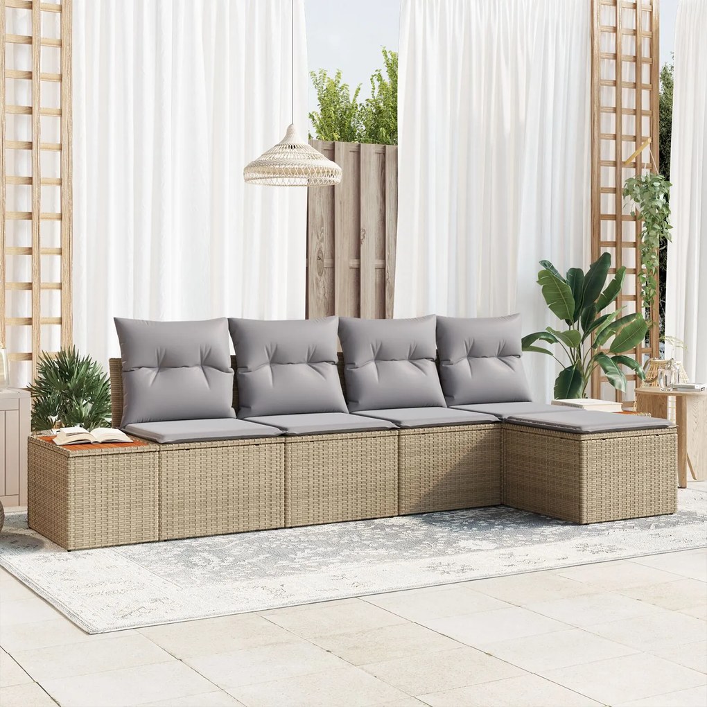 vidaXL Set de Canapea cu 5 Piese și Perne Bej Ratan Poliester Acacia