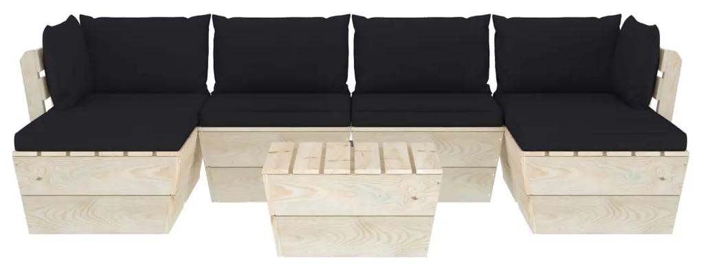 Set mobilier gradina din paleti cu perne, 7 piese, lemn molid Negru, 2x colt + 2x mijloc + masa + 2x suport pentru picioare, 1