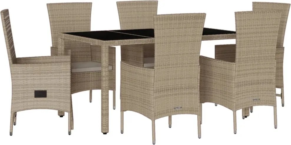 vidaXL Set de masă pentru grădină, 7 piese, cu perne, bej, poliratan