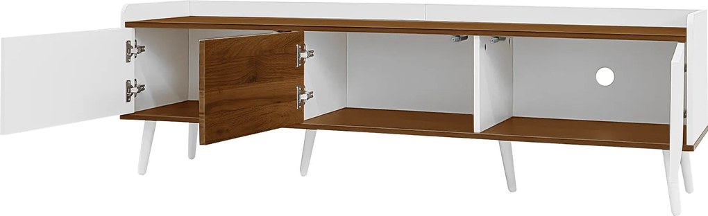 Comodă TV cu 3 uși, picioare din lemn și margine înaltă, 160x39x49,5 cm, Culoare naturală+Alb