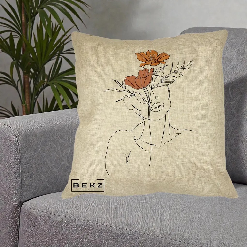 Perna Decorativa Portret Feminin Doua Flori, 40x40 cm, Crem, Husa Detasabila, Perna Inclusa, BEKZ®