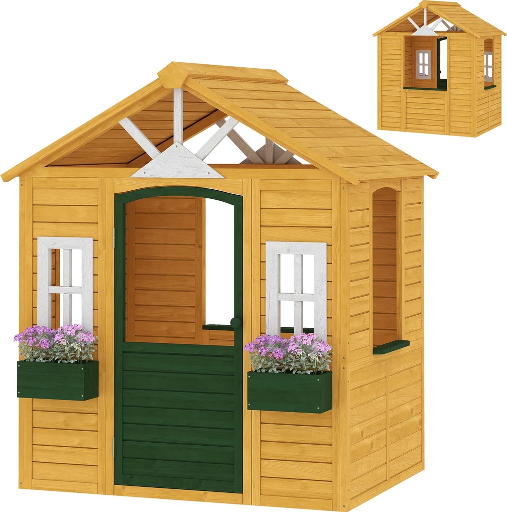 AIYAPLAY Căsuță de joacă din lemn pentru exterior cu ușă 3 ferestre 2 jardiniere pentru copii 3-8 ani 134,5 x 97 x 150 cm Maro | Aosom Romania