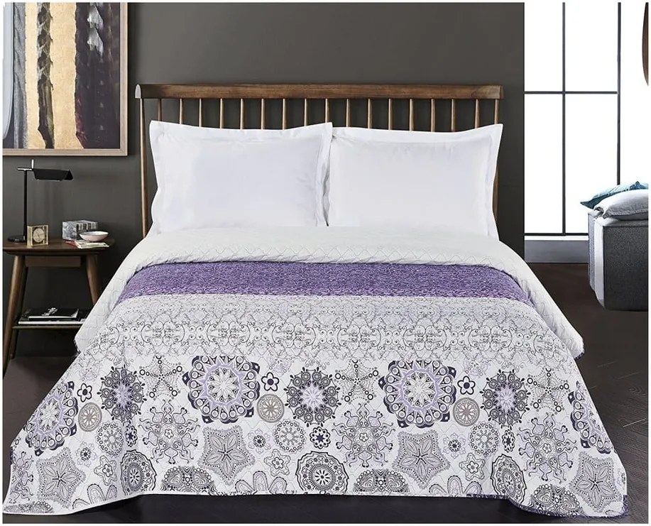 Cuvertură cu 2 fețe din microfibră DecoKing Alhambra, 220 x 240 cm, alb/mov