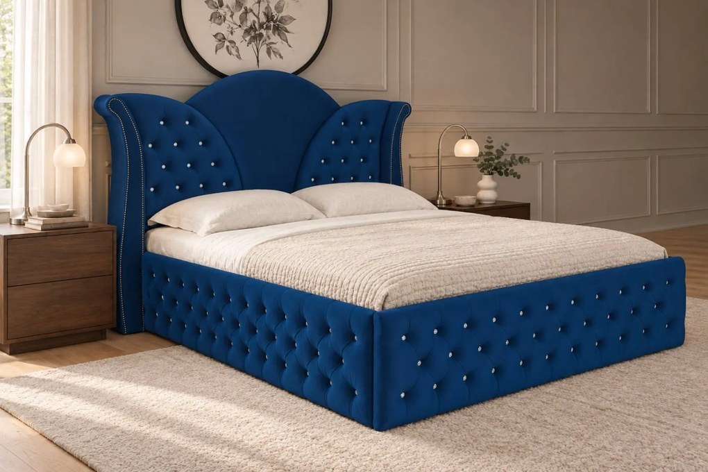 Pat tapițat Chesterfield din catifea Velora Deluxe 160×200 cm, bleumarin, cu ladă de depozitare