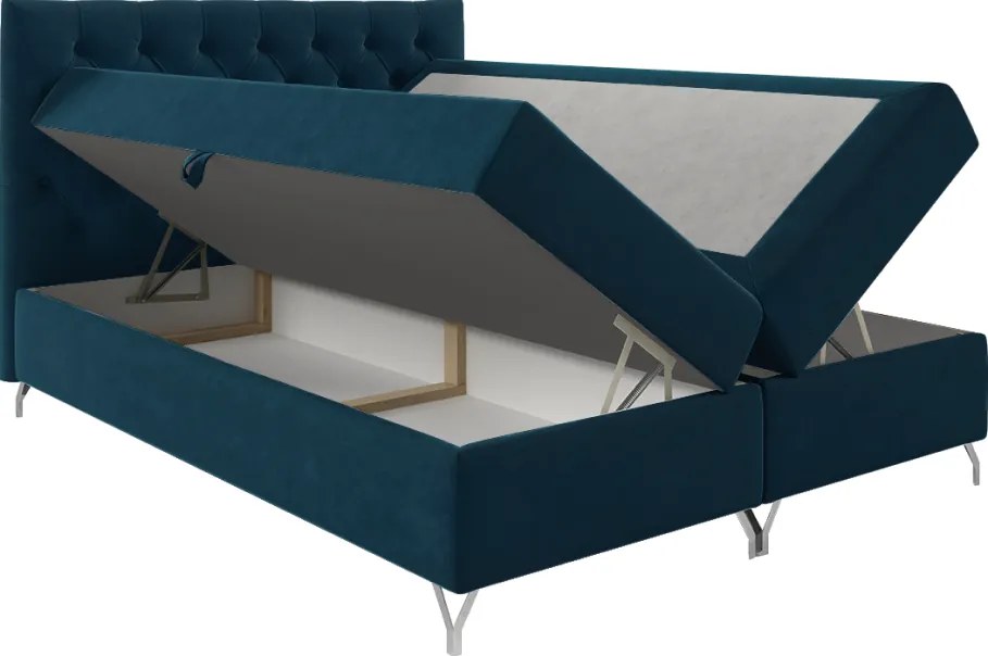 Pat cu boxspring, 140x200, albastru închis Velvet, GULIETTE + cadou