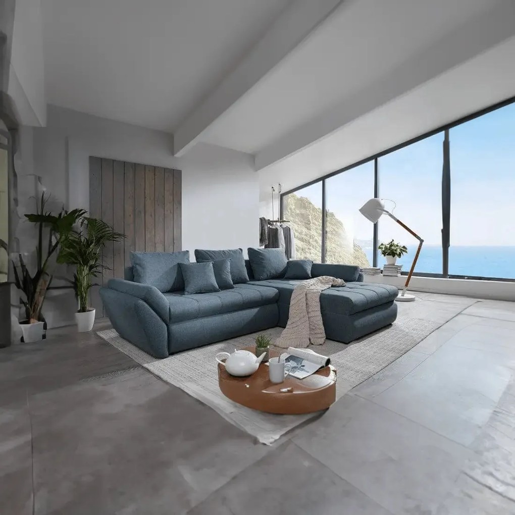 Colțar extensibil dumonde cu ladă de depozitare si sezut confortabil din spuma high-density, Loana Enjoy Blue II 270x185 cm