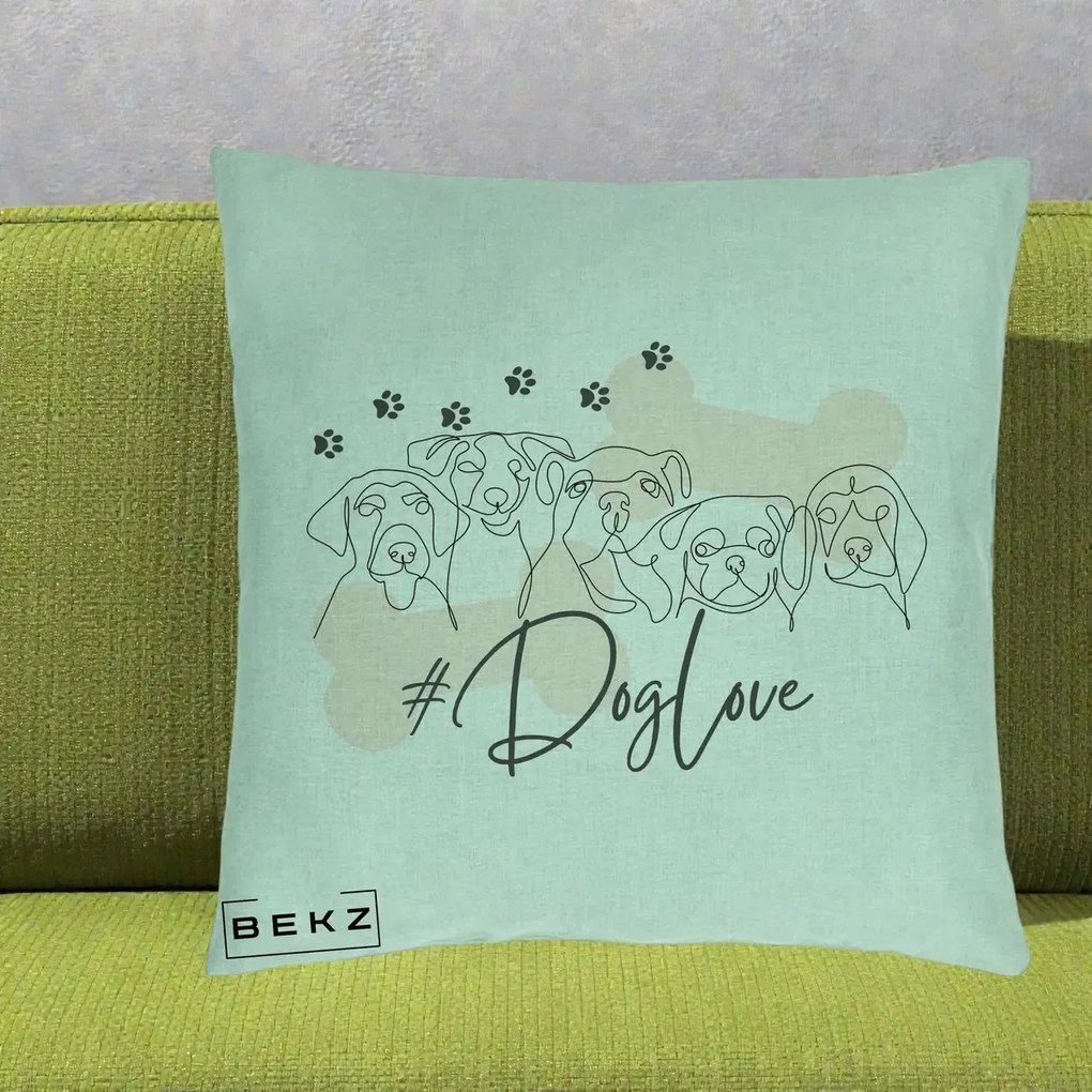 Perna Personalizata Dog Love Linie Minimalista, 40x40 cm, Verde Menta, Husa Detasabila, Perna Inclusa, BEKZ®