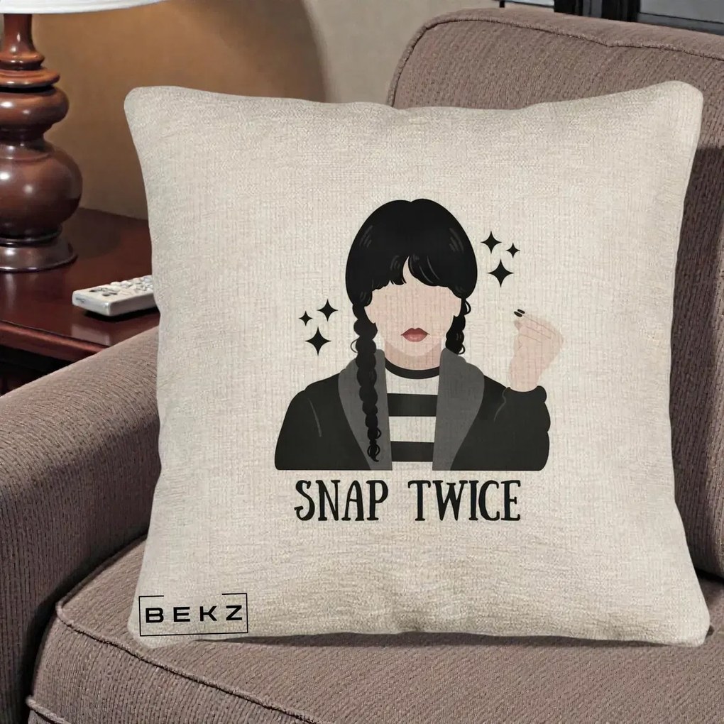 Perna Personalizata Wednesday Snap Twice, 40x40 cm, Bej Canapea, Husa Detasabila, Perna Inclusa, BEKZ®