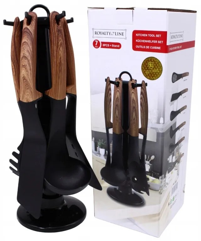 Set de aparate de bucătărie cu livrare Royalty Line RL-U03, 7 piese, polipropilenă, până la 210C, fără PFOA, negru