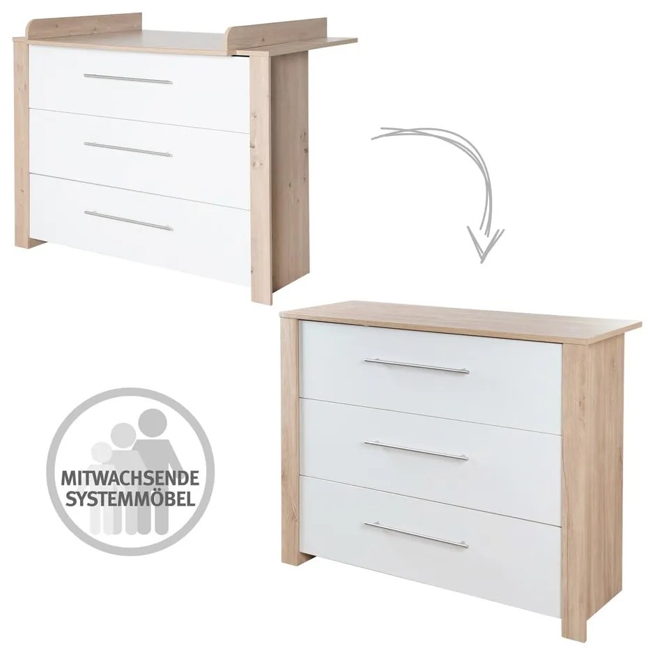 Comodă de copii albă/în culoare naturală joasă cu aspect de lemn de stejar cu masă de schimbat 112x98 cm – Roba