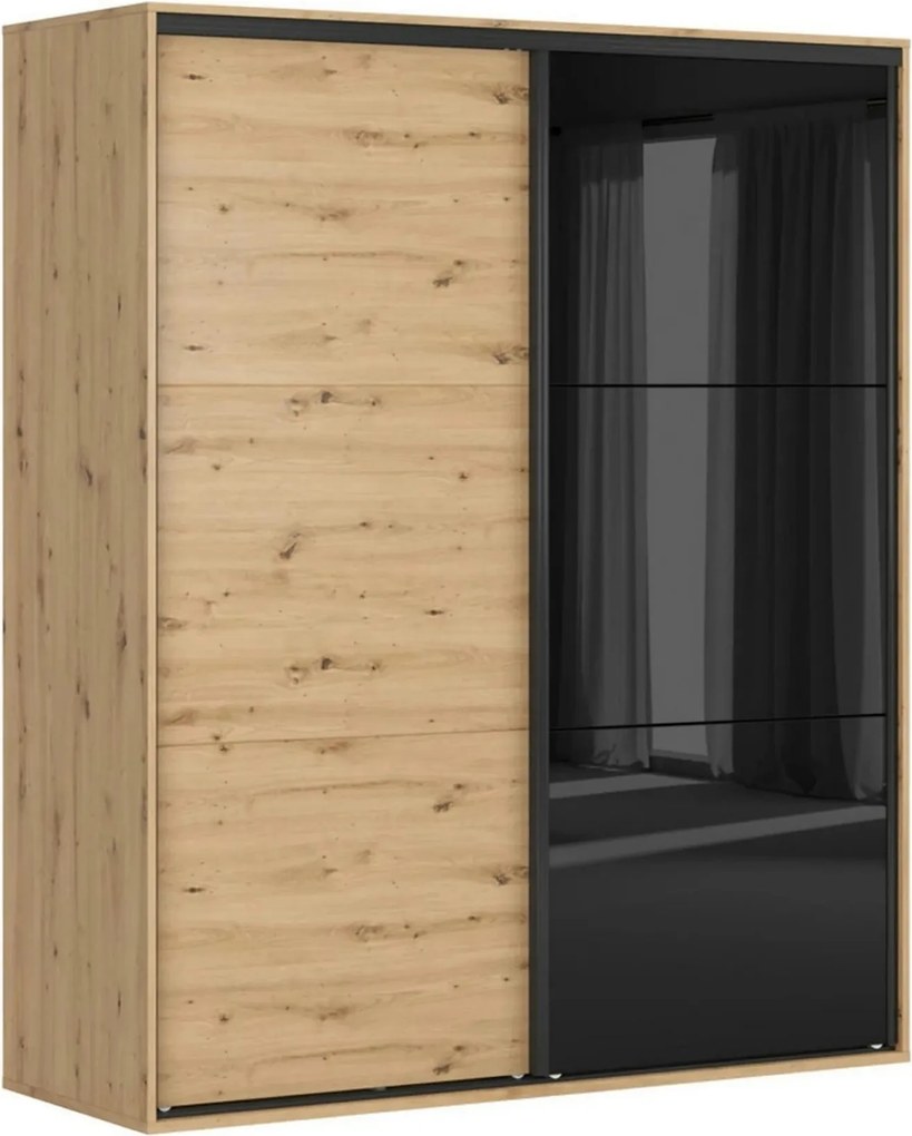 Dulap FLEX, stejar artisan/negru lucios, PAL, cu 2 usi glisante, 180x6