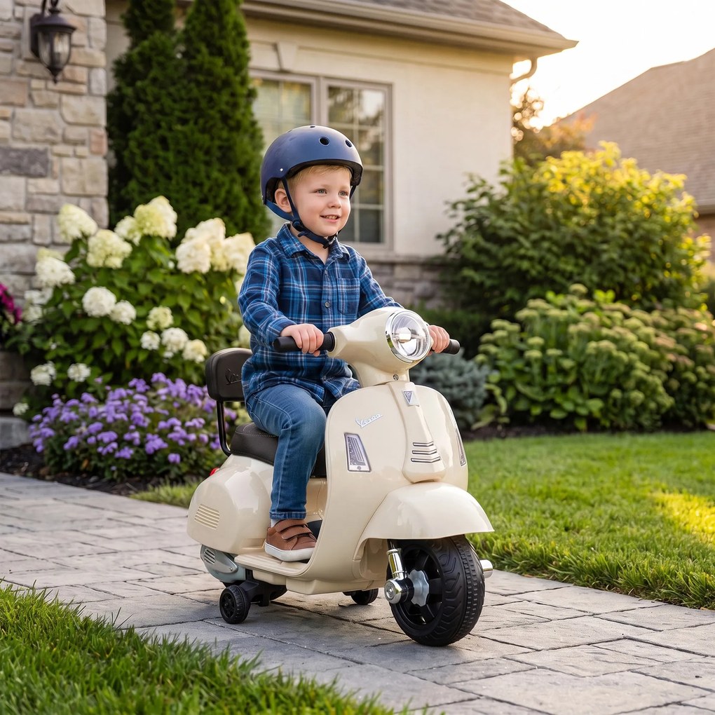 AIYAPLAY Motocicletă electrică pentru copii 1.5-3 ani mini Vespa GTS 7.2V, cu baterie litiu, spătar, roți ajutătoare, far, claxon, 2.5km/h, max. 25 Kg, alb crem | Aosom Romania