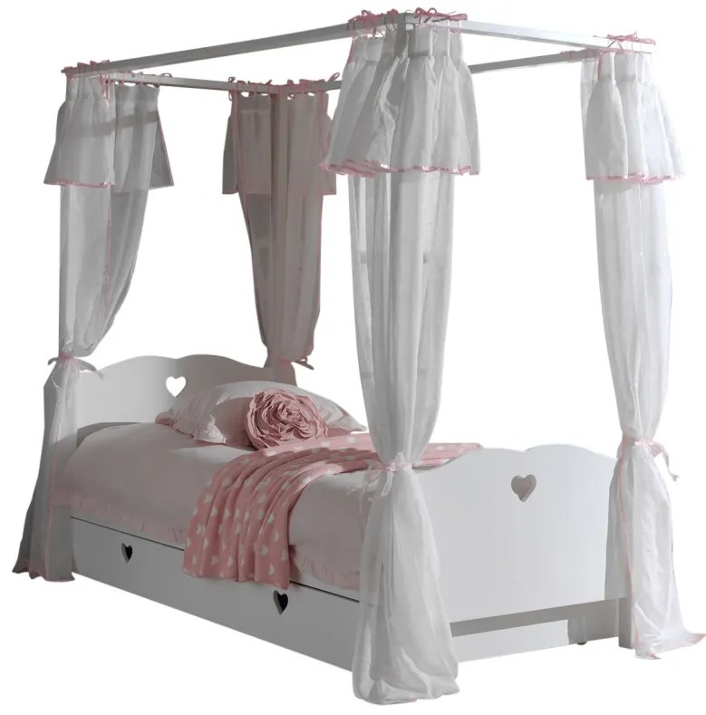 Set Pat cu Baldachin AMORI pentru Copii, 90x200 cm, Alb, cu Sertar și Set Textil Roz – Vipack