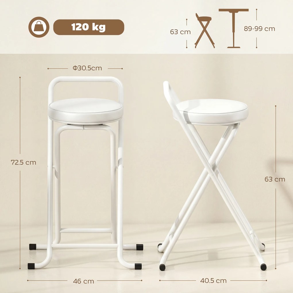 HOMCOM Taburete de Bar Pliabile Set de 2, Fără Montaj, Scaune de Bar, Șezut Căptușit 63 cm, Cadru din Oțel, Alb | Aosom Romania