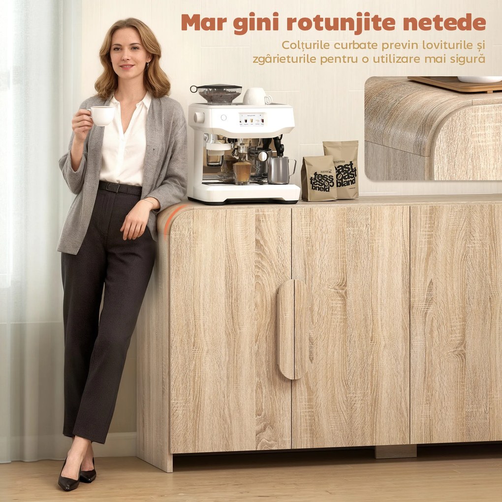 HOMCOM Comodă pentru Bucătărie, Mobilă cu Uși Soft-Close, Colțuri Rotunjite, Rafturi Reglabile, Stil Modern, Comodă pentru Living, Sufragerie, 157,4x39x82cm, Lemn Natural | Aosom Romania