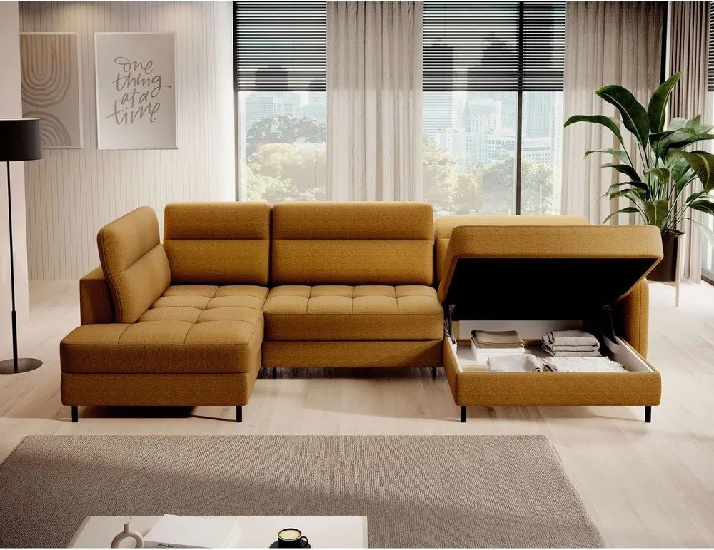 Colțar galben extensibil/cu spațiu de depozitare cu tapițerie din catifea (cu colț pe partea stângă/în formă de "U") Berrto – ELTAP