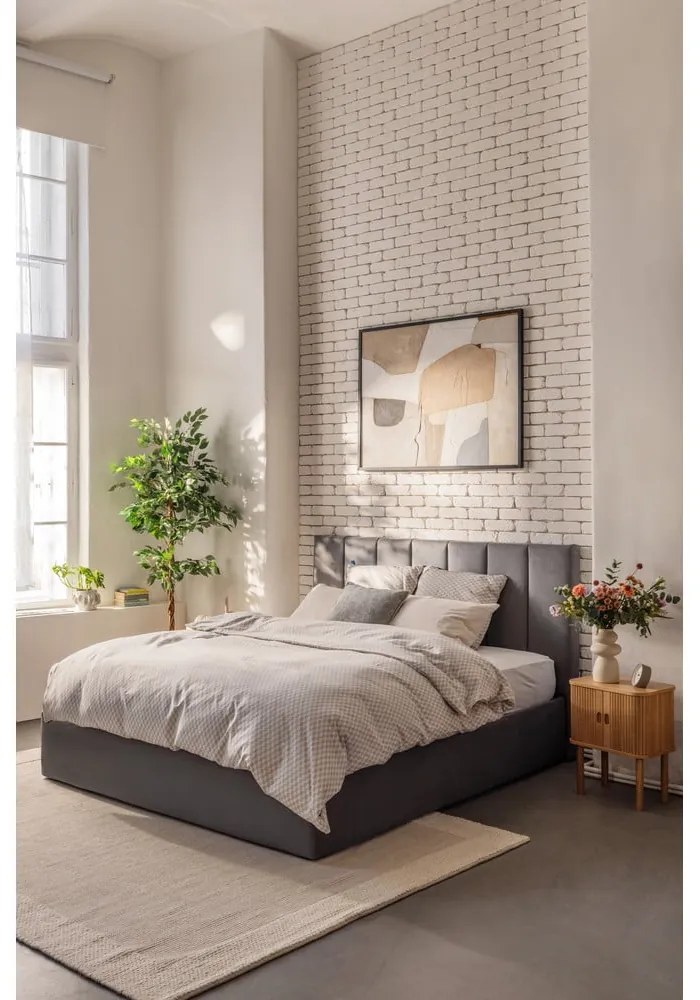 Pat matrimonial gri tapițat cu spațiu de depozitare cu somieră 160x200 cm Thessa Bold Line – Bonami Selection