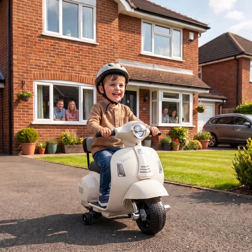 AIYAPLAY Motocicletă electrică pentru copii 1.5-3 ani mini Vespa GTS 7.2V, cu baterie litiu, spătar, roți ajutătoare, far, claxon, 2.5km/h, max. 25 Kg, alb crem | Aosom Romania