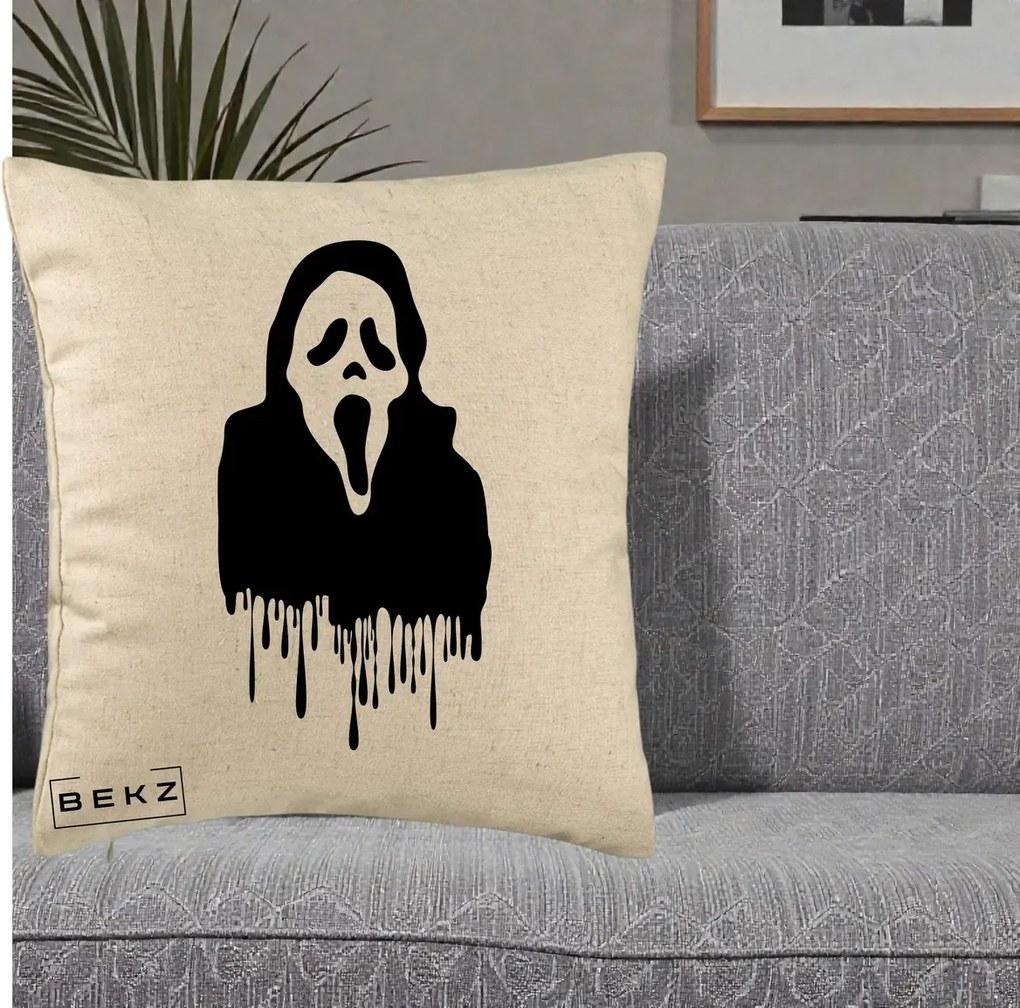 Perna Personalizata Halloween Ghostface Scream Picurand, 40x40 cm, Bej, Husa Detasabila, Perna Inclusa, BEKZ®