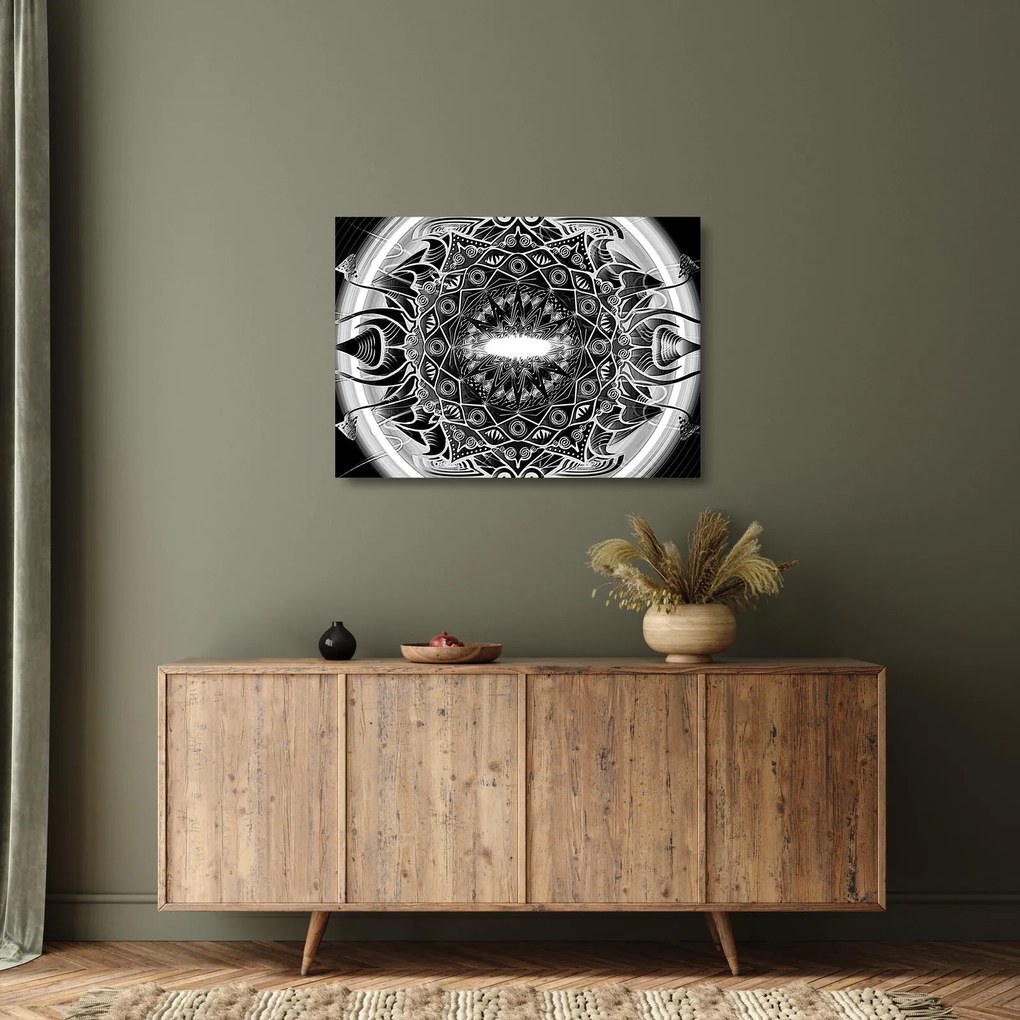 Tablou pe sticlă cu ornamente alb negre (70x50 cm)