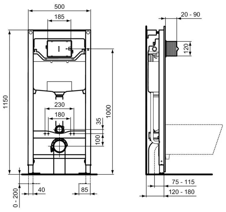 Set vas WC suspendat Ideal Standard I.life A Rimless cu capac slim softclose si rezervor cu cadru incastrat