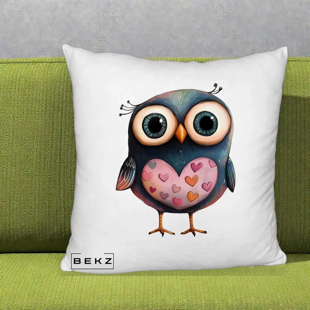 Perna Decorativa Bufnita cu Inimioare Roz, 40x40 cm, Alb Pufos, Husa Detasabila, Perna Inclusa, BEKZ®