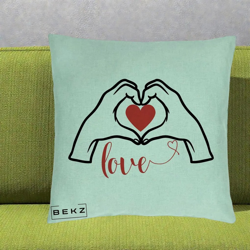 Perna Decorativa Love Maini Inima cu Inscriptie Love Rosu, 40x40 cm, Verde Menta, Husa Detasabila, Perna Inclusa, BEKZ®