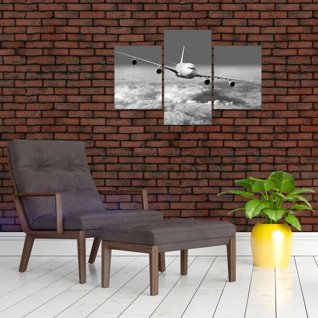 Tablou - Avion în nori, alb și negru (90x60 cm)