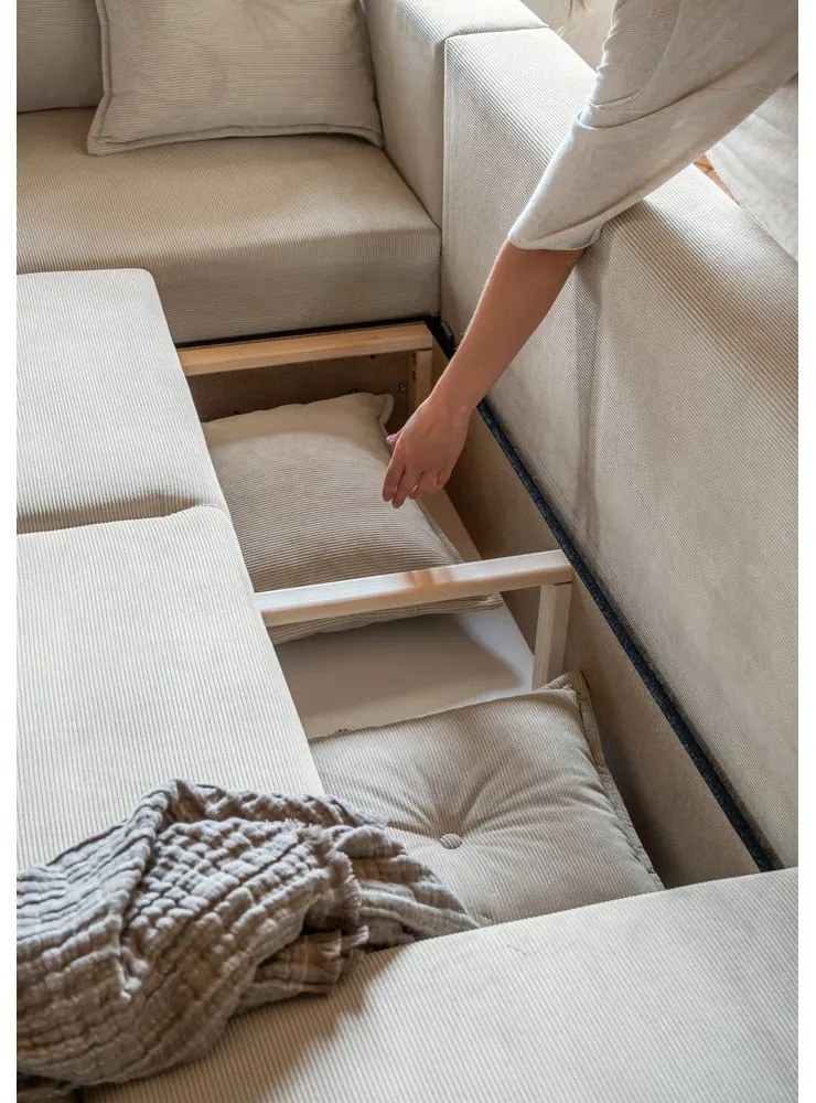 Colțar bej extensibil cu tapițerie din catifea reiată (colț stânga/în formă de "U") Lazy Lukka – Miuform