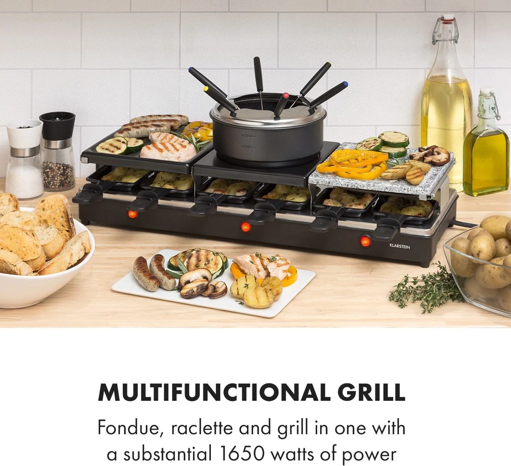 Klarstein Fonduelette XL, 3 în 1 raclette grill & fondue, piatră naturală, 1650 W, 12 Persoane