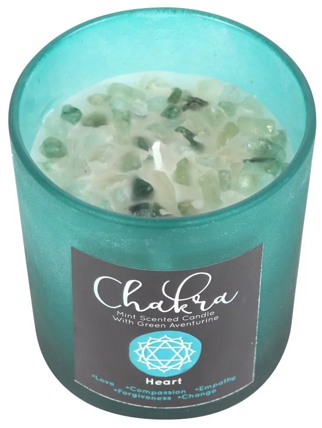 Lumanare cele 7 chakre cu bucatele de Aventurin - Chakra inimii (aroma menta)