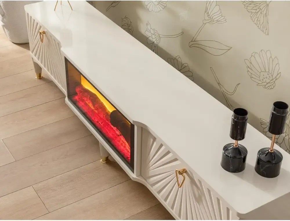 Comoda tv cu semineu Calvin, culoare bej 160 cm