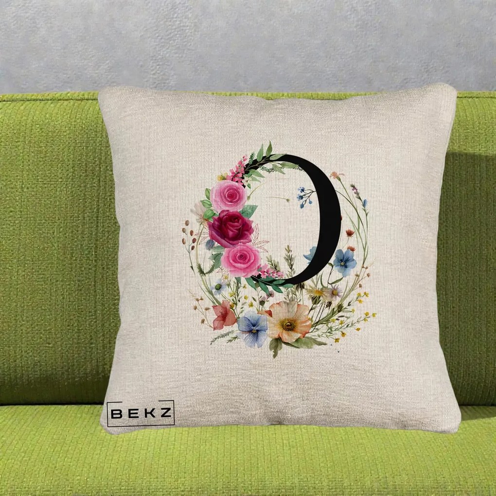 Cadou Personalizat - Perna Personalizata Monogram Litera O cu Flori Acuarela, 40x40 cm, Bej Canapea, Husa Detasabila, Perna Inclusa, BEKZ®
